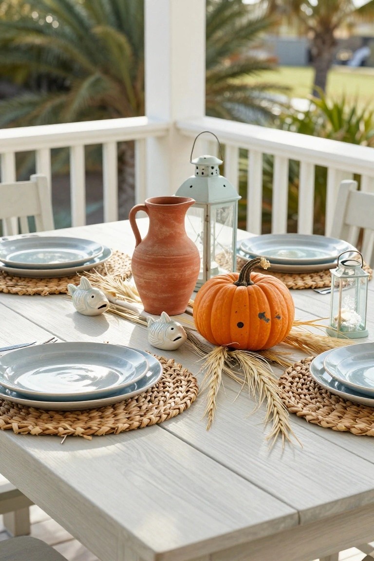 Wooden table on a porch balcony set for dining with woven placemats, white plates on blue platters, terracotta pitchers, small orange pumpkin, wheat sheaves, white fish figurines, and glass lanterns, with white chairs and palm trees in the background.