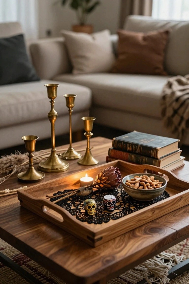 Wooden coffee table in a living room holding brass candlesticks of varying heights with dried pampas grass and protea, skull candles, stacked vintage books, and two bowls of almonds, next to a beige sofa with pillows and a patterned rug.