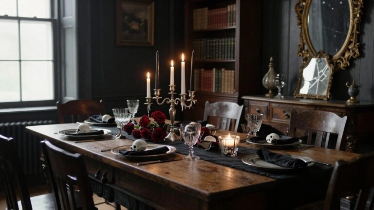 Close-up of a wooden dining table set with a silver five-branch candelabra holding black taper candles, red roses, black runner, and white plates featuring skull designs in a dark-paneled room.