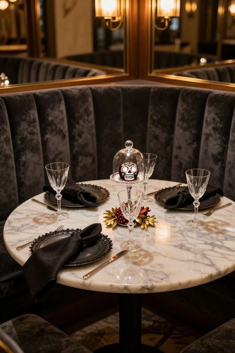 Round white marble table in a dark gray velvet booth with gold mirrors in background, set with black napkins on ornate plates, wine glasses, forks and knives, and a glass-domed colorful skull centerpiece surrounded by berries and gold leaves.