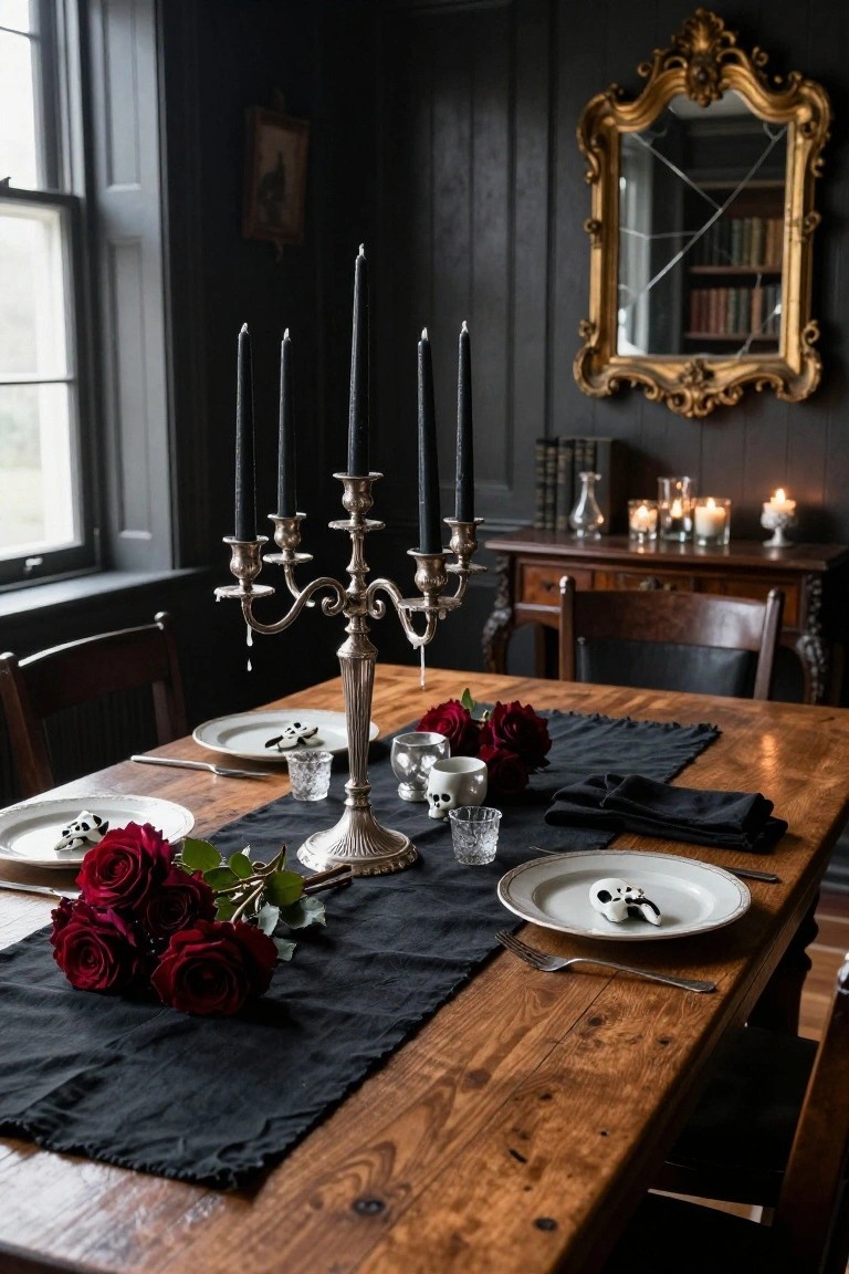 Close-up of a wooden dining table set with a silver five-branch candelabra holding black taper candles, red roses, black runner, and white plates featuring skull designs in a dark-paneled room.
