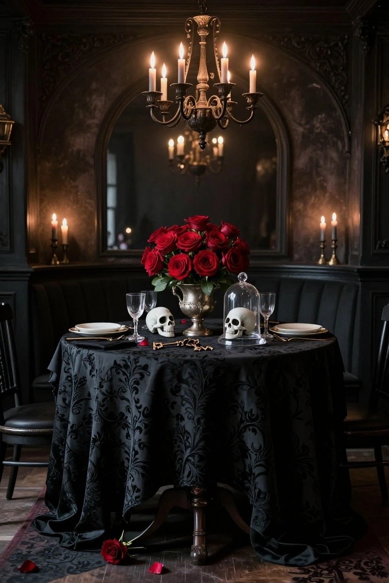 A Halloween dining table in a dimly lit gothic room with black damask tablecloth, gold plates holding white skull napkin accents, central glass dome over red roses, multiple candelabras and tapers, ornate chandelier above, and wall sconces.