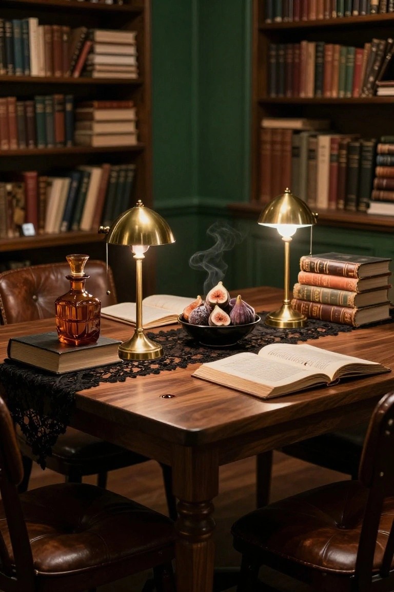 Wooden table in a green library room lined with bookshelves, covered in black lace runner holding an open book, stacked vintage books, brass banker lamps, amber glass decanter on a book, black bowl of purple figs, and rising incense smoke from a holder.