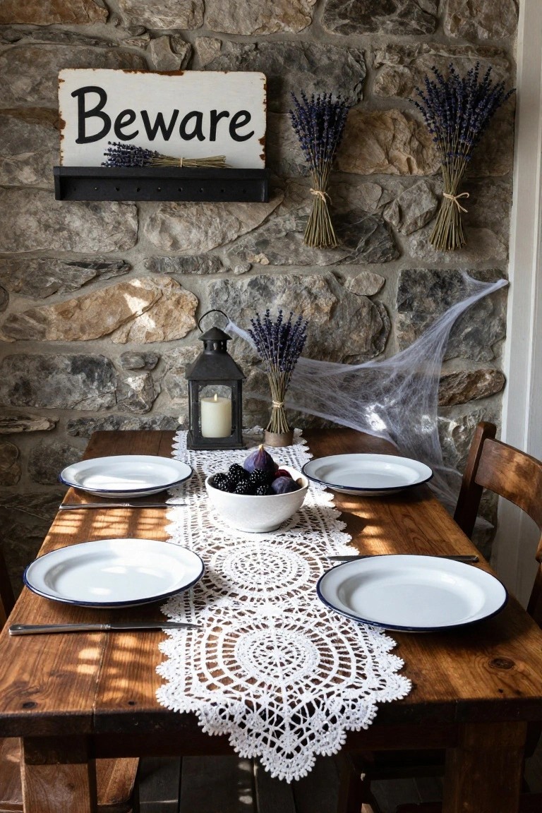Rustic wooden dining table set with white plates, a bowl of blackberries, lavender bundles, a white lace runner, spider webs, a lantern candle, and a 