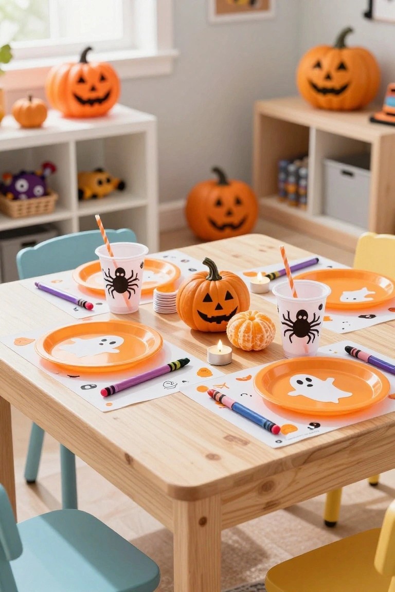 Wooden kids' table in a playroom set for Halloween with orange ghost plates, spider cups on striped straws, crayons on white placemats, small pumpkins, tealight candles, and surrounding shelves with toy bins and larger pumpkins.