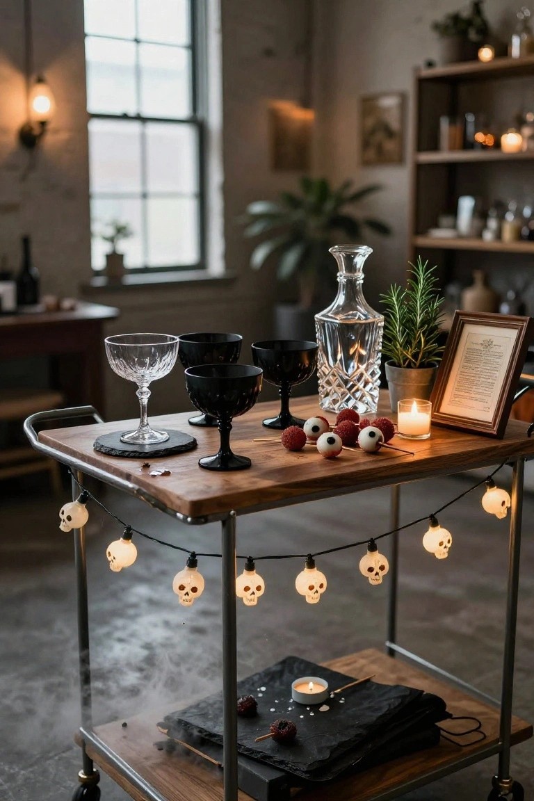 Two-tier black metal rolling bar cart with wooden trays holding black goblets, clear decanters of red wine, strawberries topped with googly eyes, cherries, a candle, fairy lights, rosemary plant, and framed paper in a gray-toned living room.