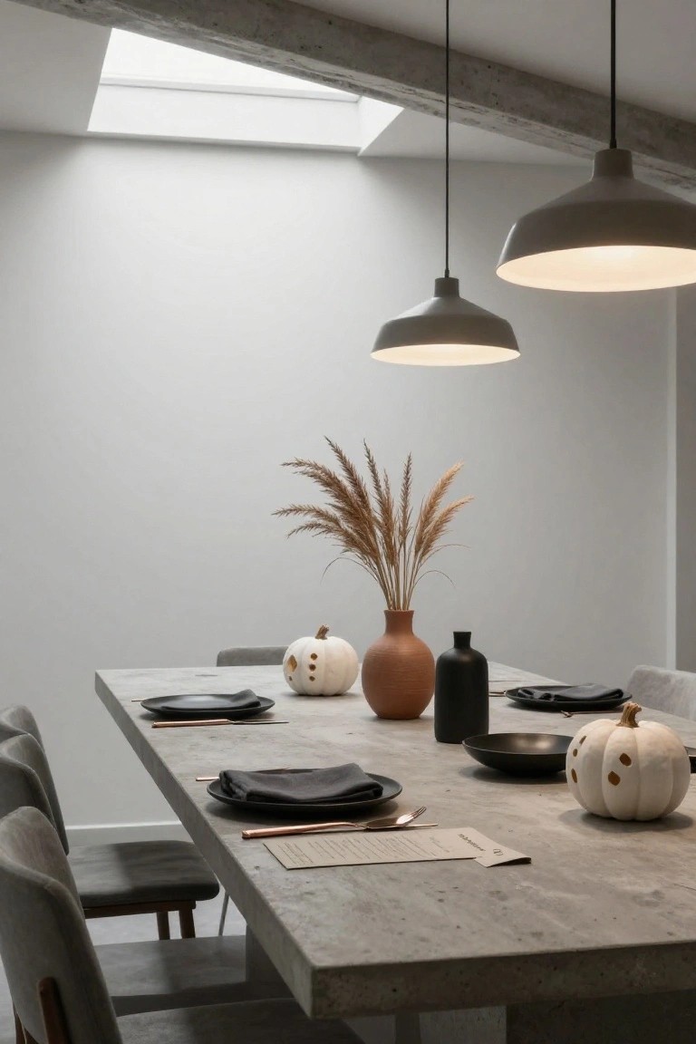 Modern dining table set with black plates, white dotted pumpkins, pampas grass in terracotta vase, black vase, and place settings under gray pendant lights in a room with white walls, exposed beams, and skylight.