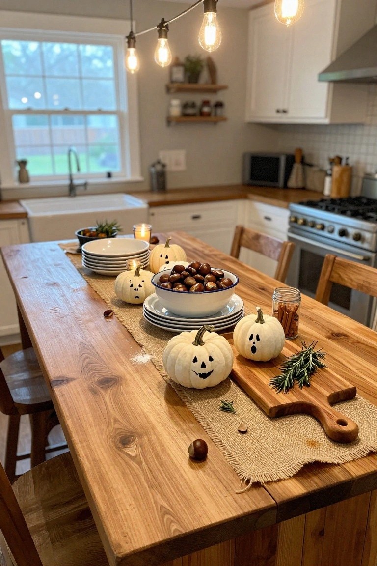 Wooden dining table in a kitchen decorated for Halloween with small white pumpkins carved with faces, a large white bowl of chestnuts, glass jar candles, stacked white plates, rosemary sprigs on a cutting board, and cinnamon sticks in a jar.