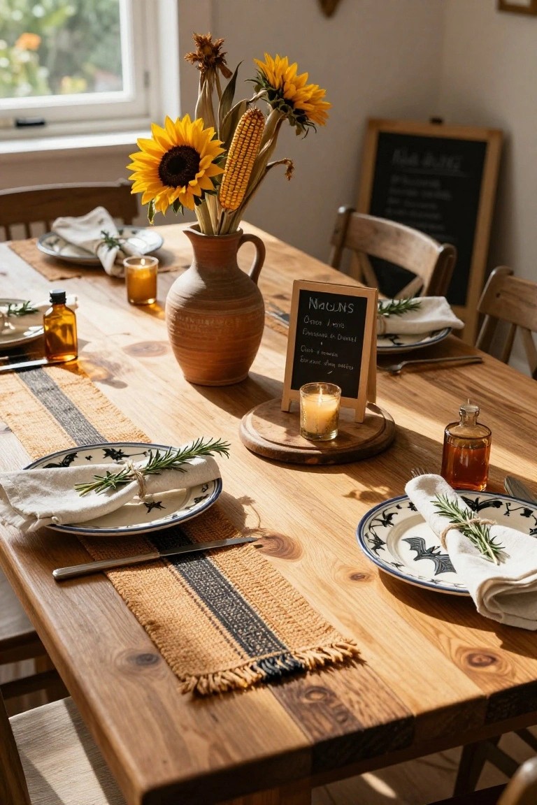 Wooden dining table set for Halloween with a terracotta vase of sunflowers and cornstalks at center, black bat-patterned plates with white napkins and rosemary, yellow candleholders, small glass bottles, woven runner, and wooden chairs in a sunlit room.