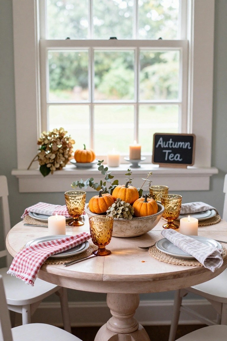 Round turquoise pedestal table inside a room with a large window, topped by a woven mat under a white bowl filled with small orange pumpkins and eucalyptus branches, flanked by amber glasses, white plates, checkered napkins, a candle, and signs reading 