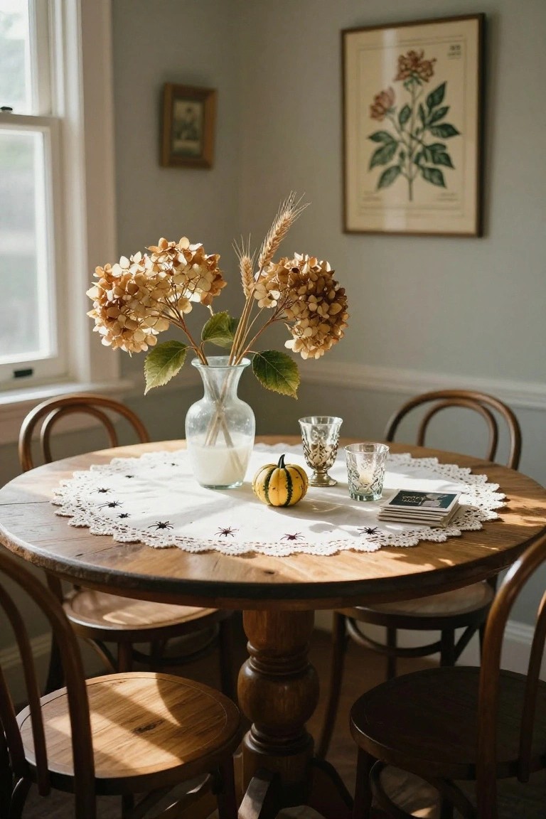 Round wooden pedestal dining table draped with white crochet-edged lace cloth embroidered with spiders, centered with clear glass vase of dried hydrangeas and wheat stems, small yellow pumpkin, glass candle holders, and stacked coasters next to bentwood chairs in a light-filled room with botanical art on walls.