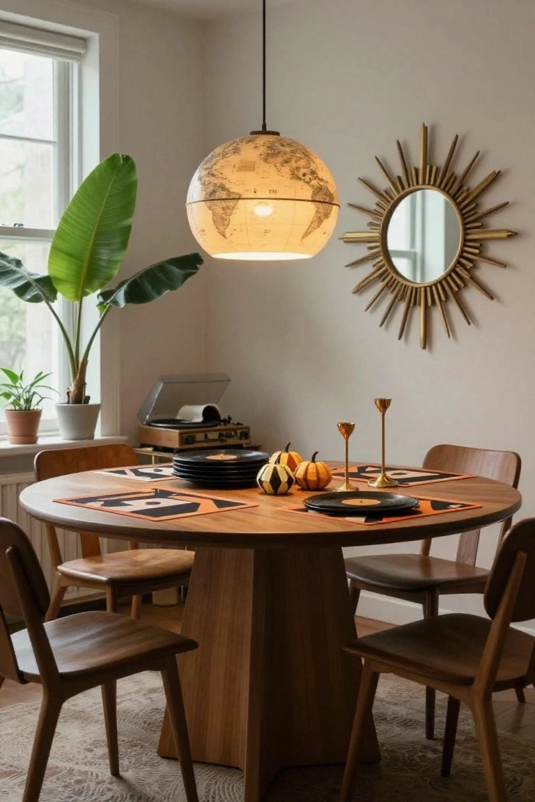 Dining room corner with round wooden table set for Halloween, featuring stacked black record-shaped plates, small patterned pumpkins, gold candlesticks, orange graphic placemats, wooden chairs, record player, potted plants, globe pendant lamp, and gold sunburst mirror on beige walls.