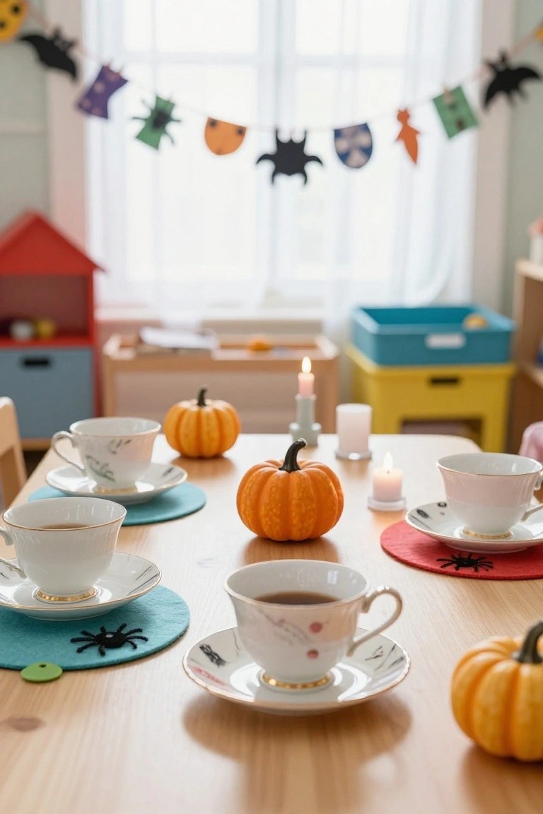 Close-up of a wooden kids' table set for Halloween with white porcelain teacups on spider placemats, small pumpkins, candles, and colorful chairs in a playroom with garlands and toys nearby.
