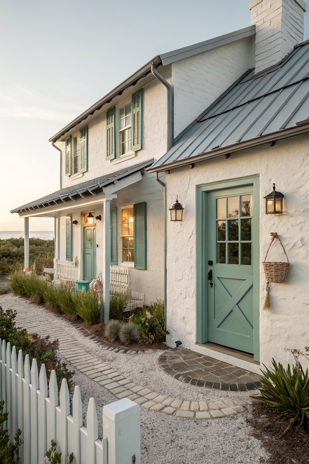 White stucco house exterior with seafoam green X-braced door, matching shutters, porch, white picket fence, gravel path, and coastal plants at dusk.