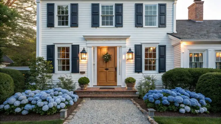 Two-story white clapboard house with black shutters, wooden front door with wreath, lanterns on either side, stone steps, gravel path, boxwood shrubs, and blue hydrangea plantings.