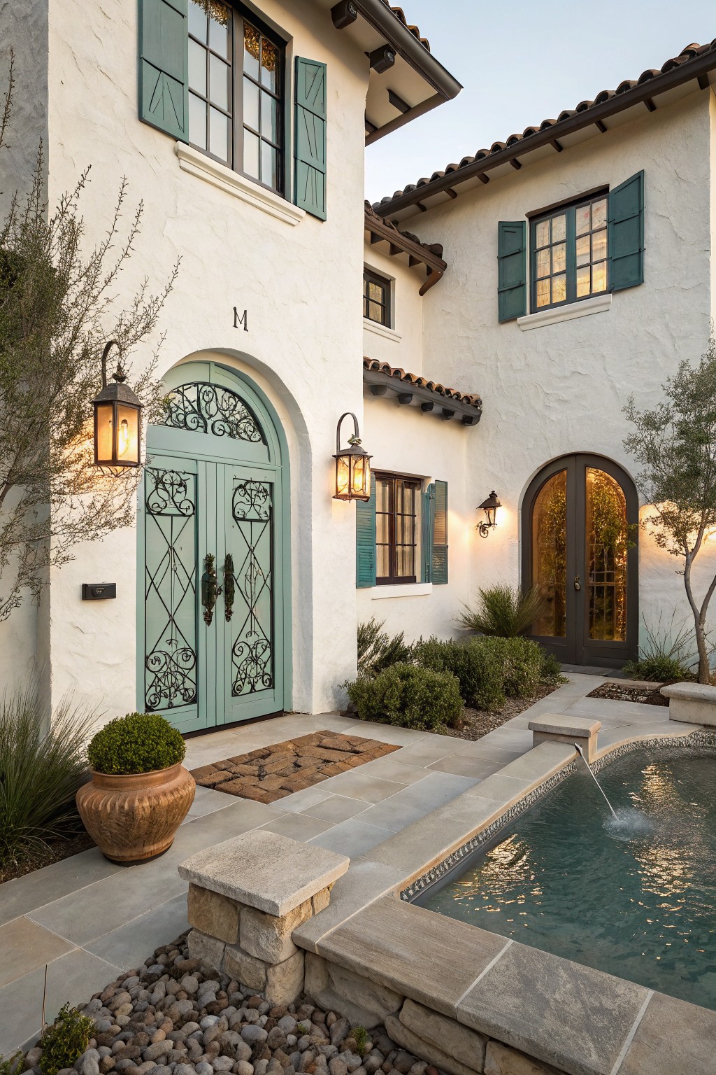 White stucco house exterior featuring turquoise arched double doors with iron grilles, green shutters on windows, wall lanterns, potted plants, stone pathway, and small adjacent water feature with fountain.