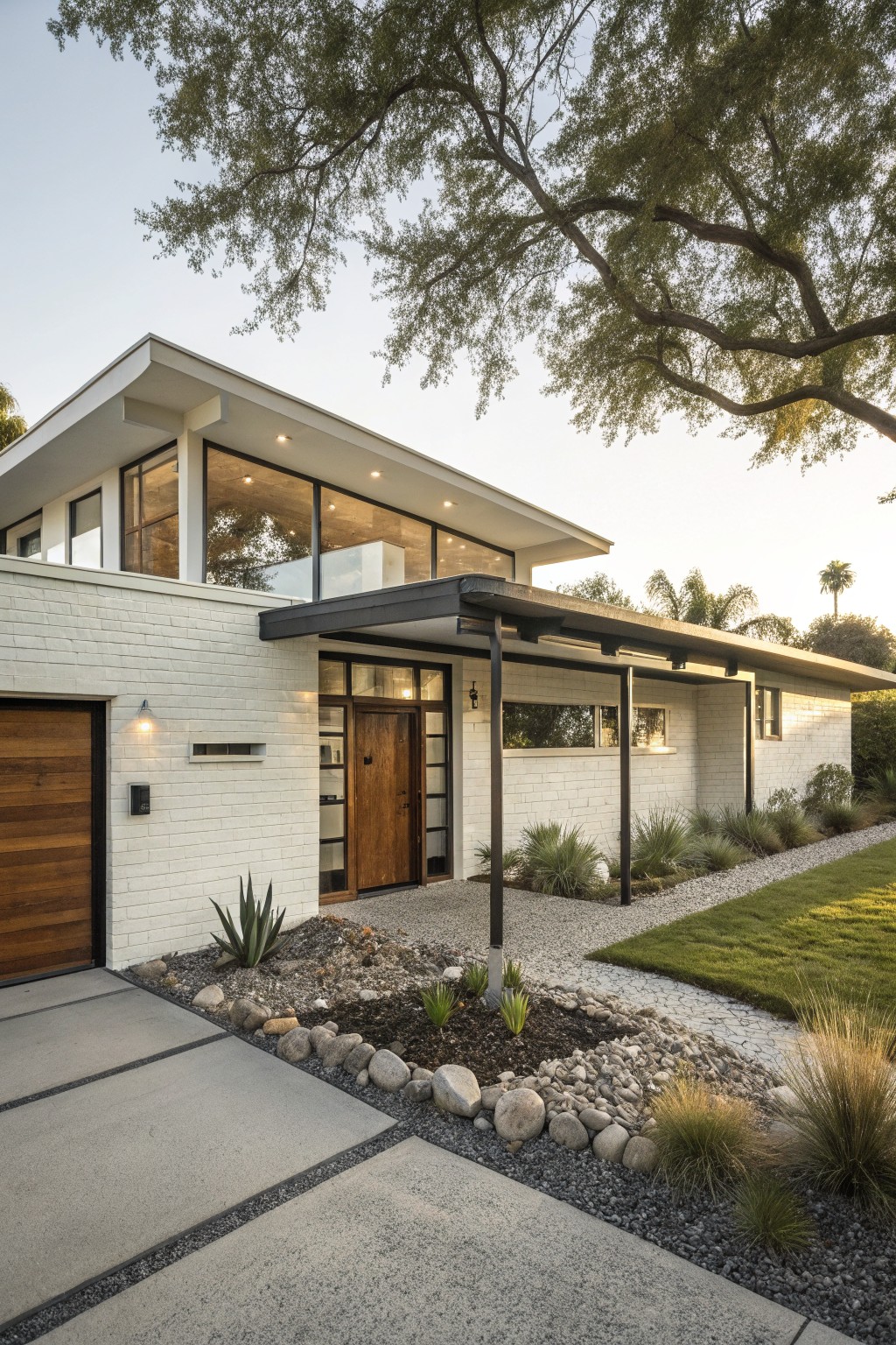 Modern two-story house exterior with white brick walls, black metal canopy over wooden front door, large glass windows, wooden garage door, and gravel landscaping with agave plants along concrete driveway.