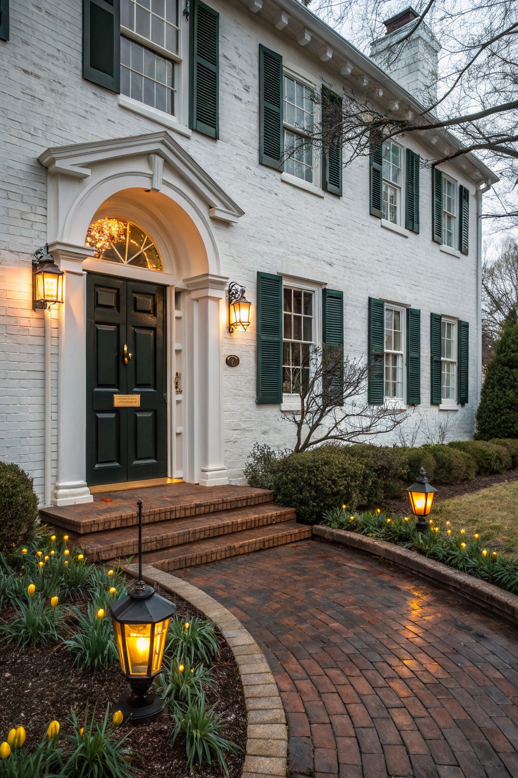 White brick house exterior featuring green shutters on multi-pane windows, dark green double front door under an arched entryway, flanked by columns and lanterns, with a brick pathway, flower beds, and landscape lights.