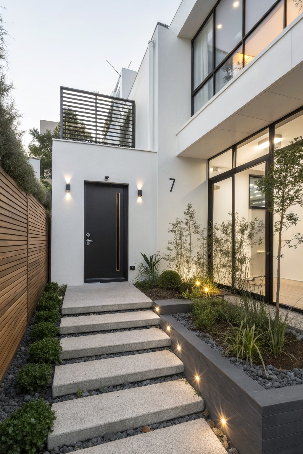Modern white house exterior with black front door, wall-mounted lights, house number 7, concrete entry steps bordered by black planters with grasses and shrubs, and glass windows nearby.