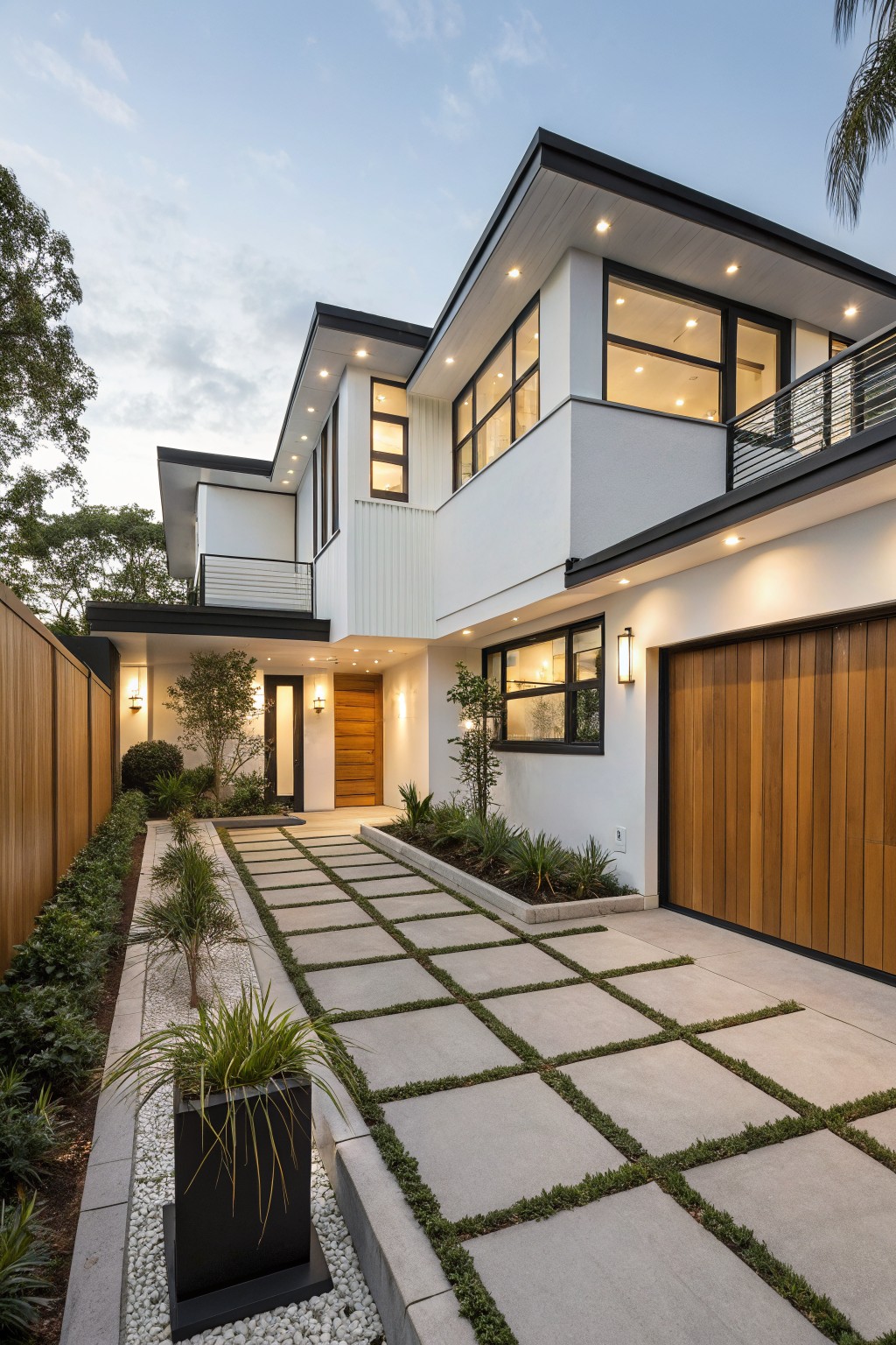 Modern two-story house with white siding and black trim, featuring a large vertical wood garage door, wooden front entry door, concrete paver pathway with grass joints, low landscaping, and wooden fence at dusk.