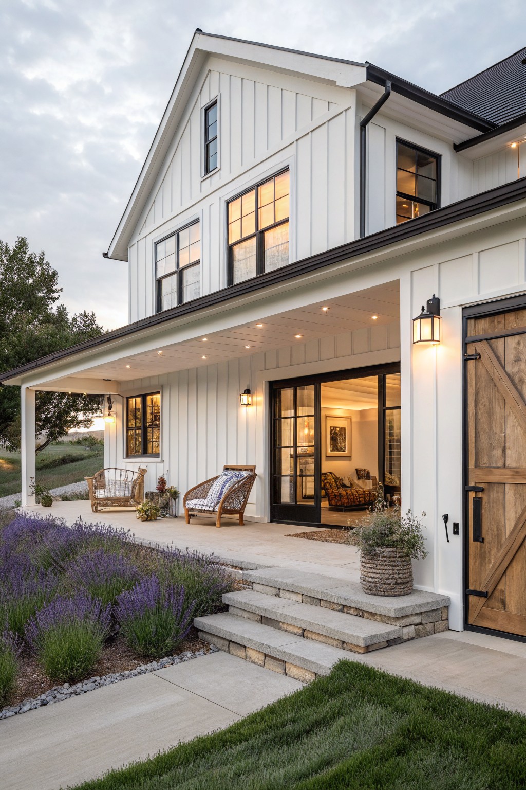White board-and-batten sided farmhouse exterior featuring black trim on windows and roofline, a sliding barn door entry, covered porch with wicker chairs, stone steps, and purple lavender plantings in the front yard.