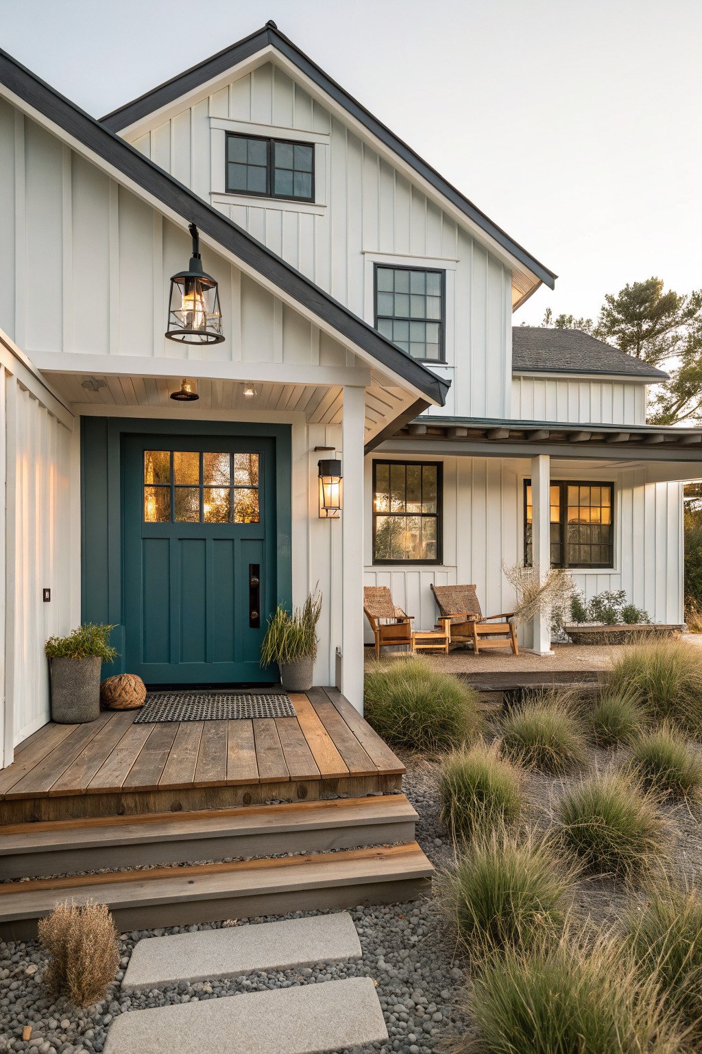 White board-and-batten farmhouse exterior with teal paneled front door, covered porch, wooden deck steps, potted plants, Adirondack chairs, and native grasses in gravel yard at dusk.