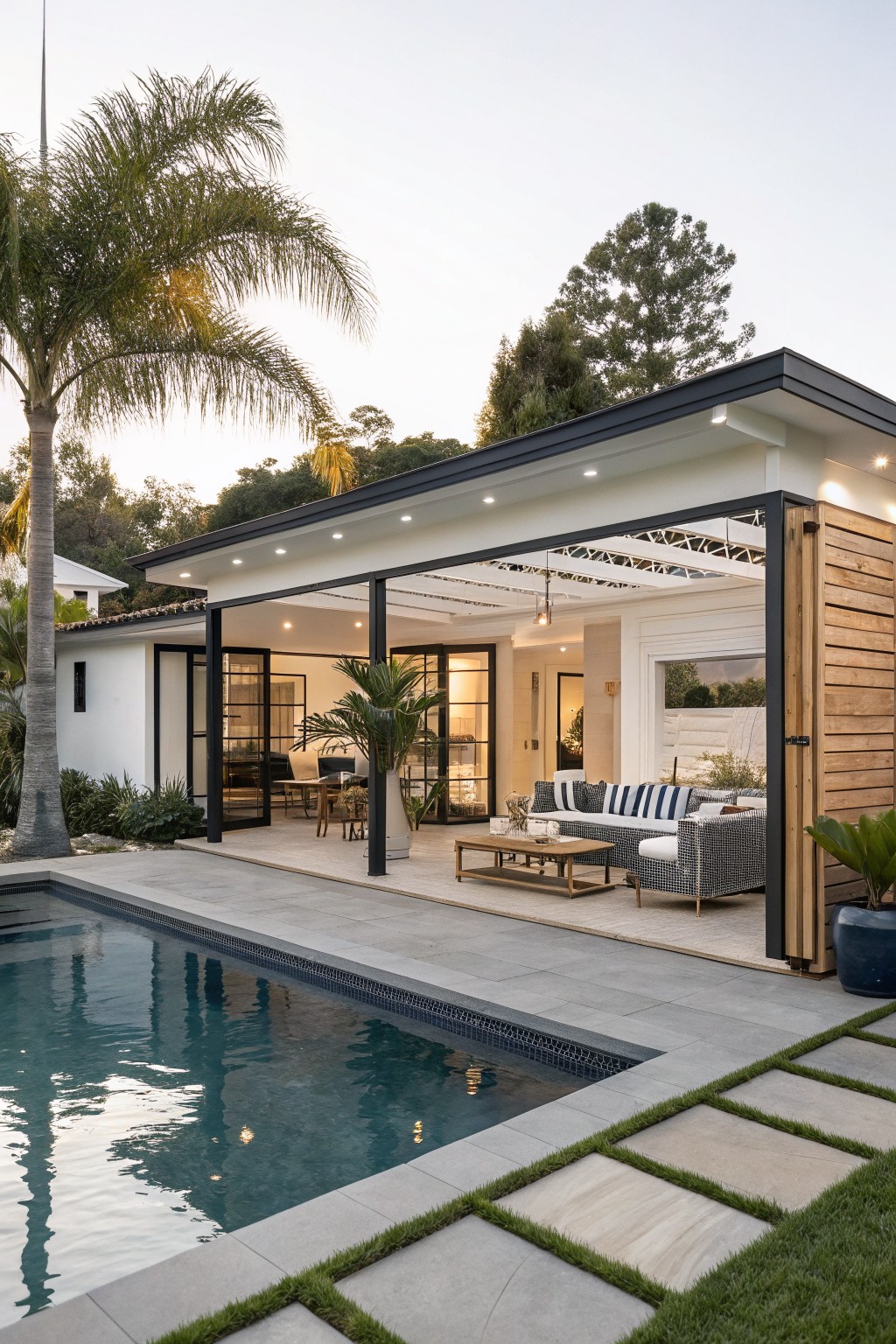 Modern white house exterior with black metal frames on bifold doors opening to a covered patio with seating, adjacent to an L-shaped pool, wood-paneled wall, pavers, and palm trees at dusk.