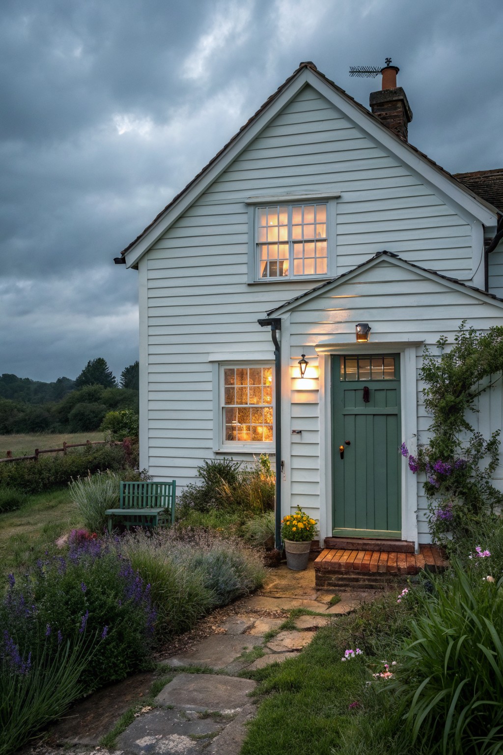 White clapboard house with green front door, lit lanterns, flower pots, garden bench, and stone path under cloudy sky.