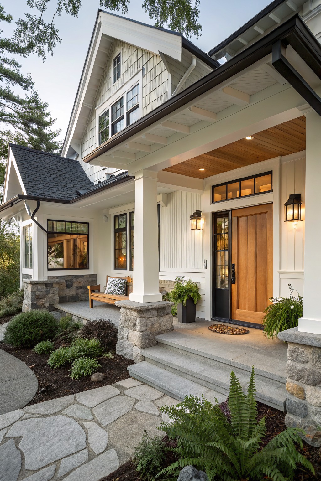 Front exterior of a two-story white shiplap house with black shingle dormer roof, covered porch supported by stone pillars, wooden double door, lanterns, bench, steps, flagstone path, and surrounding shrubs and trees.