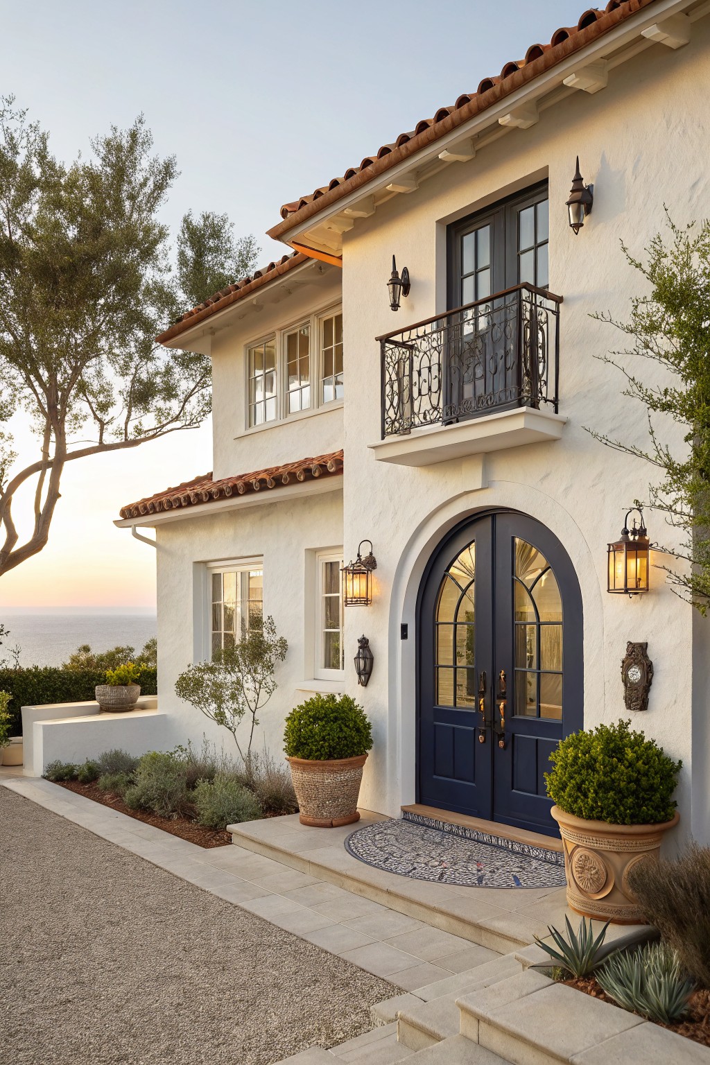 White stucco two-story house with terracotta tile roof, arched navy blue double front doors, wrought iron balcony above, wall lanterns, potted plants, and gravel path overlooking ocean at sunset.