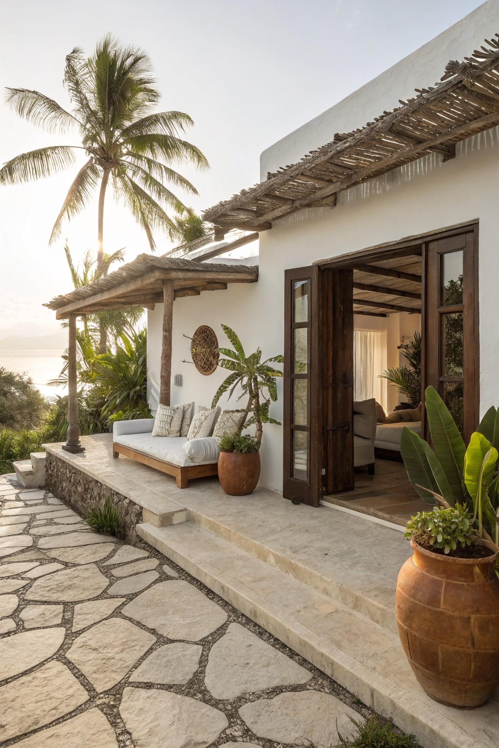 White stucco house exterior with thatched roof overhang over a terrace, open dark wooden doors revealing an interior bedroom, outdoor daybed with cushions, large terracotta pots with plants, palm trees, stone path, and ocean view in golden hour light.