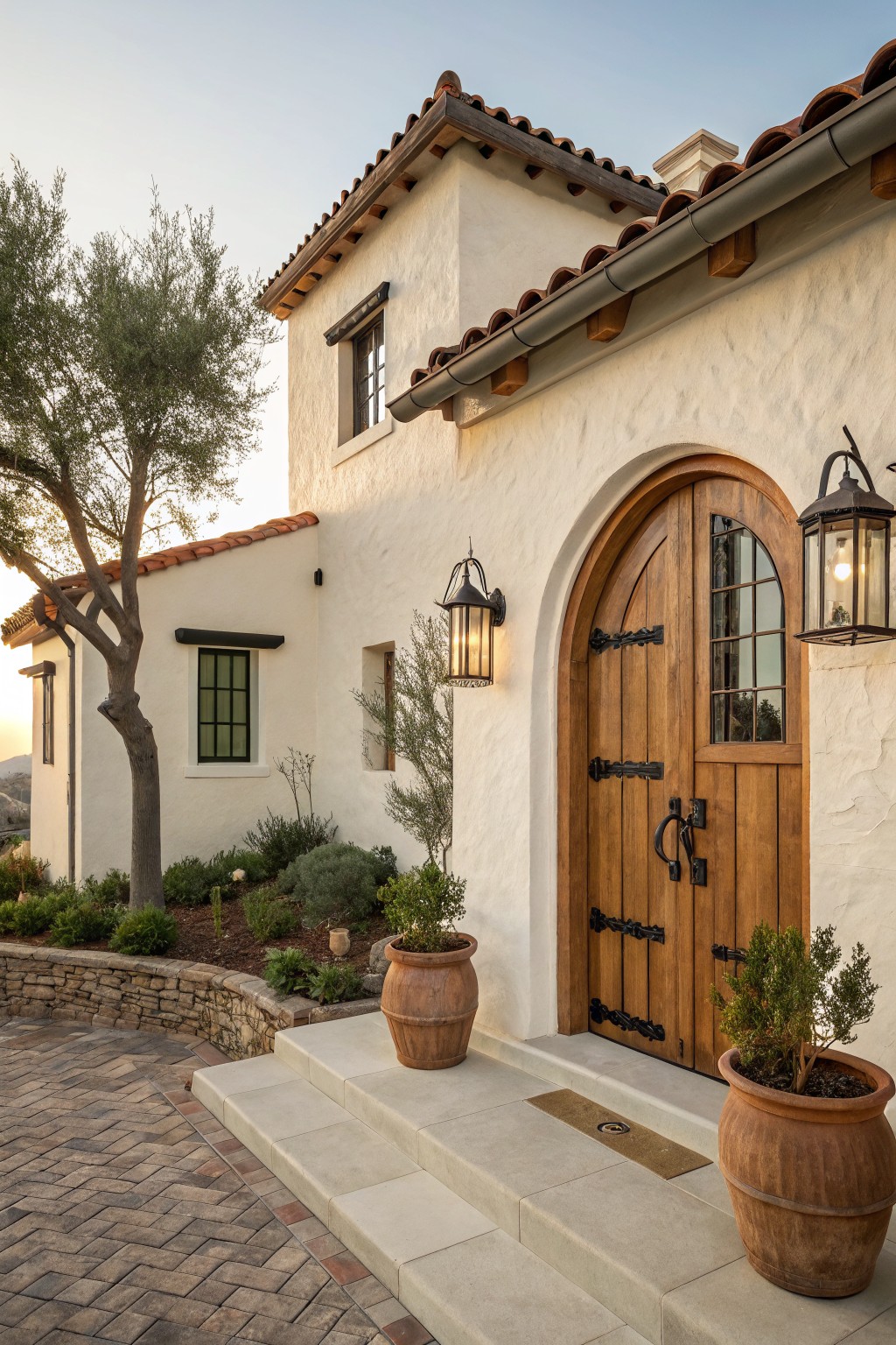 White stucco house exterior with terracotta tile roof, arched wooden double entry door featuring black iron hinges and handle, flanked by lanterns and potted plants, olive trees nearby, and brick paver path to stone steps.