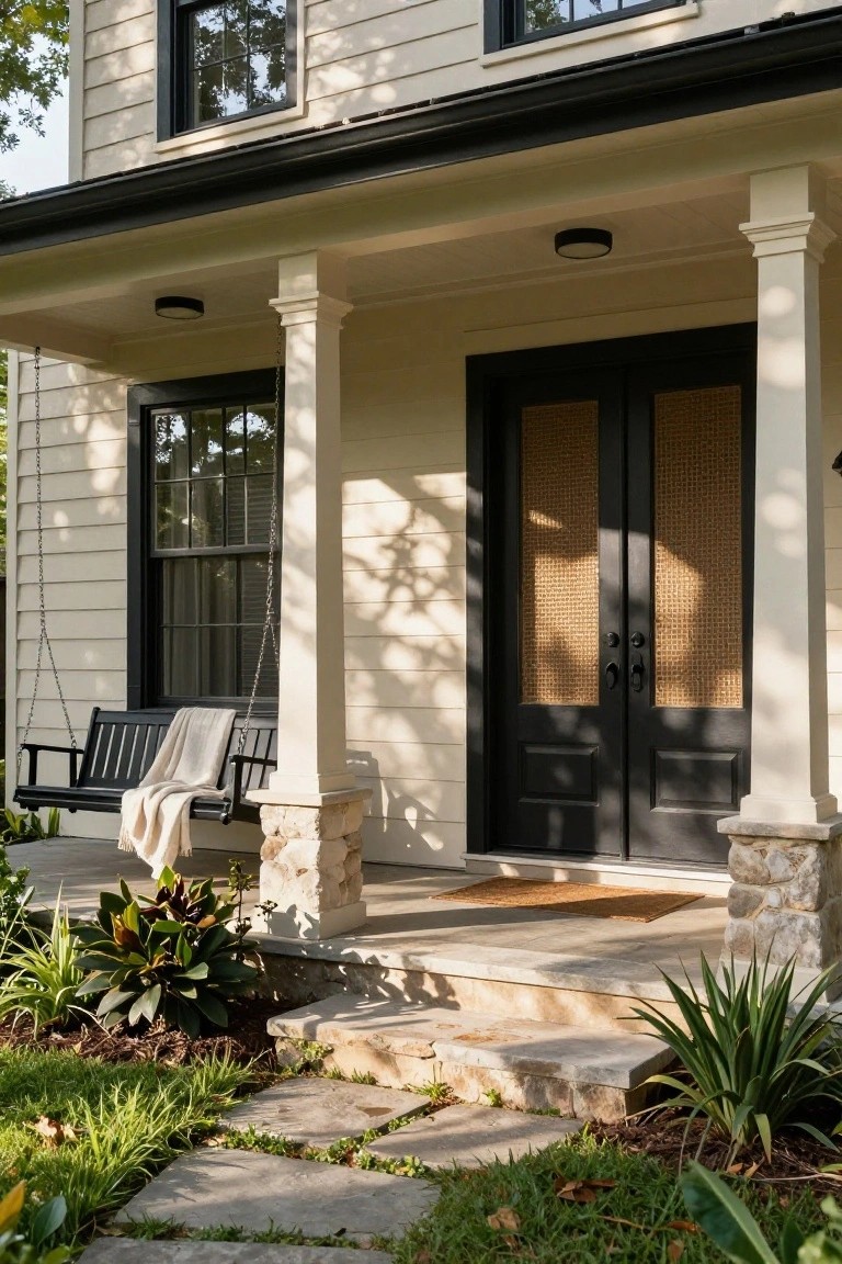 Taupe clapboard house exterior featuring a covered porch with white columns, black double front doors with rattan inserts, black-framed windows, a black porch swing with a throw blanket, stone steps, and low plants along the front path.