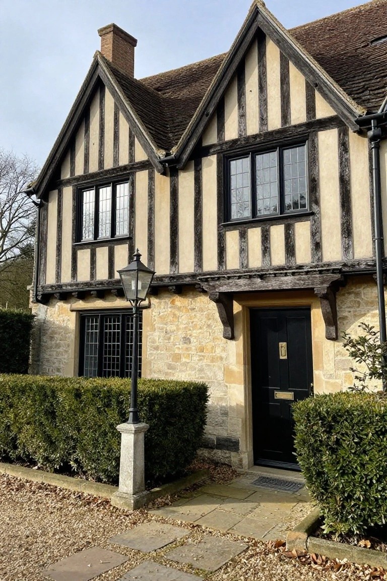 Two-story house exterior with black half-timber framing on taupe plaster walls, black-framed windows, stone base, black front door, lantern light, and clipped hedges by a gravel driveway.
