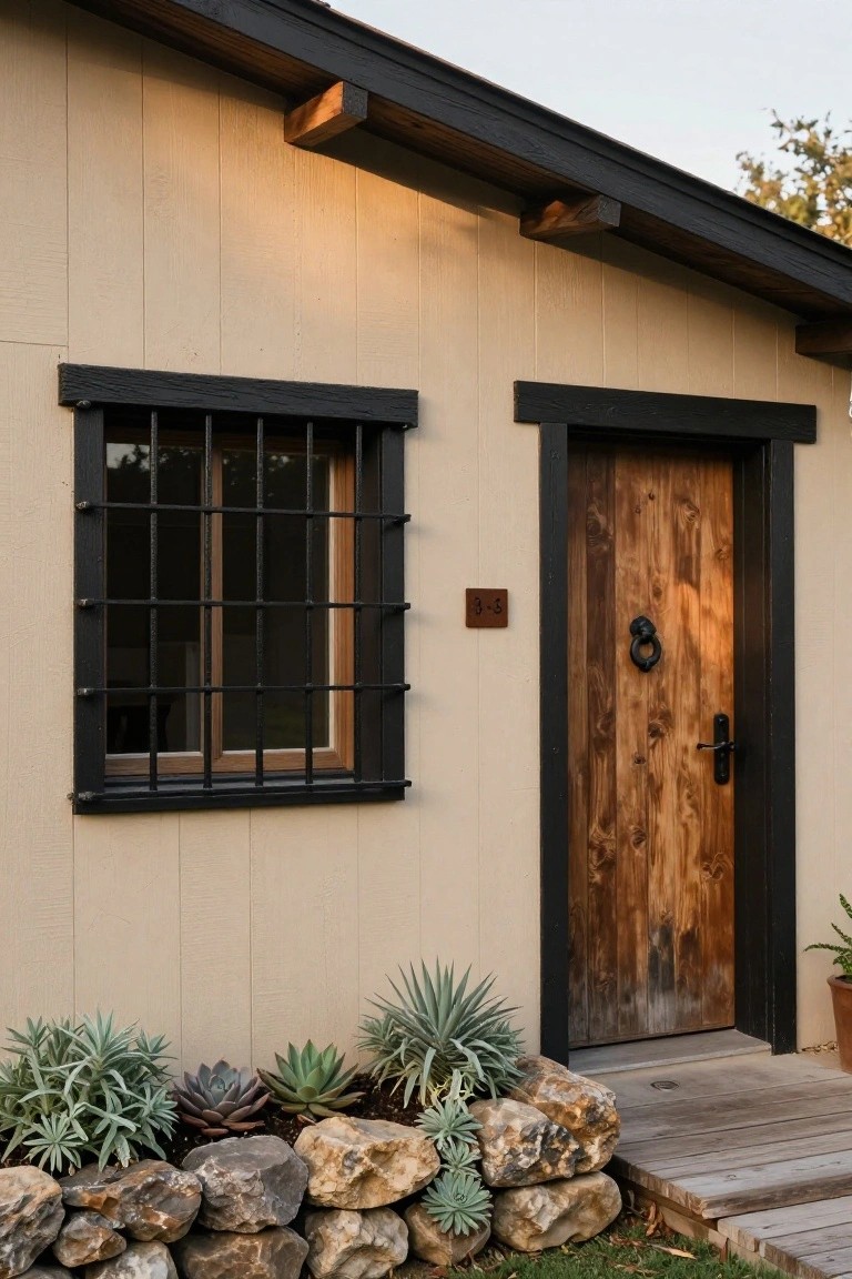 Close-up view of a house exterior featuring light beige vertical siding, a black-framed window with metal bars and wood interior, a dark-stained wooden front door with black frame and knocker, surrounded by rocks and succulent plants at the base.
