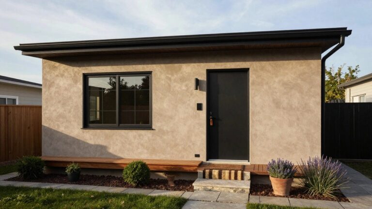 Front exterior of a taupe stucco house with black front door, black-framed windows, cylindrical black wall light, wooden benches, lavender plants, and stone steps.