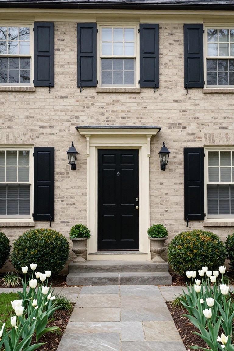 Two-story light beige brick house exterior with black shutters on multi-pane windows, black front door with white trim and lanterns, boxwood shrubs in urns, and white tulips along a slate stone pathway.