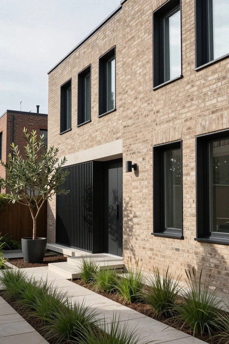 Modern two-story house exterior with light taupe brick walls, black metal-framed windows and door, vertical slats on entry screen, potted olive tree, and ornamental grasses along stone pathway.
