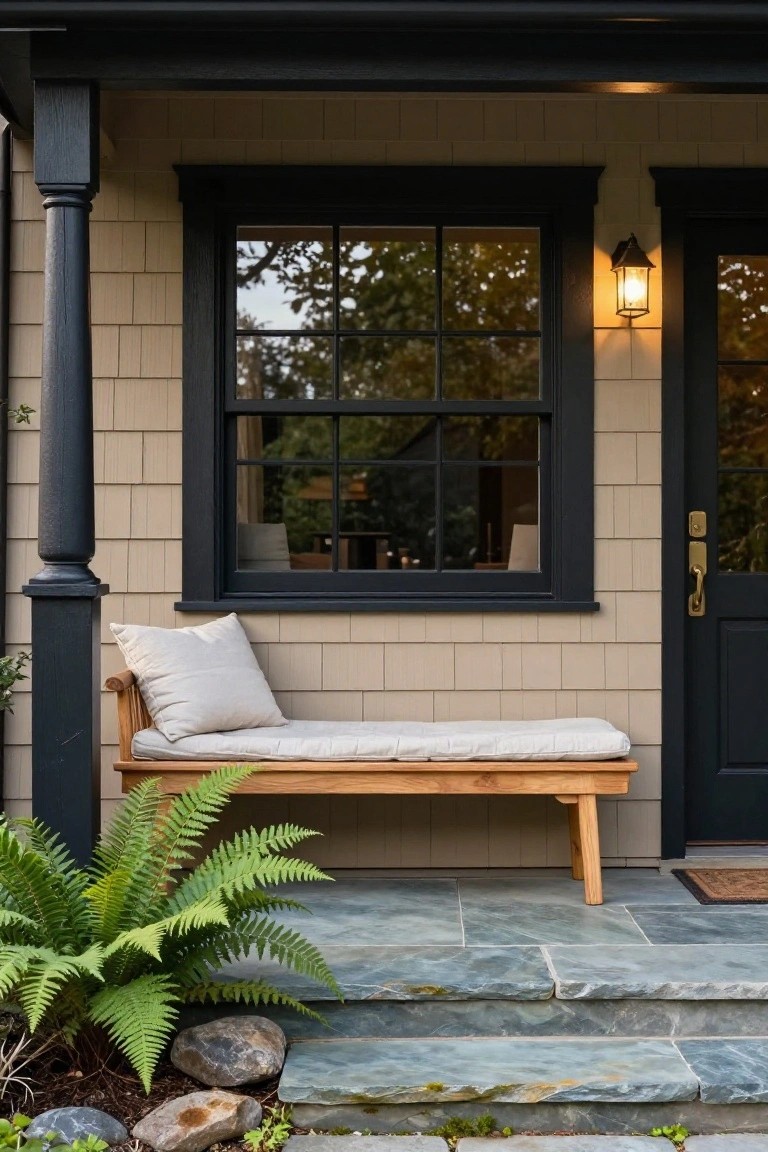 Close-up view of a house porch featuring taupe shingle siding, black-trimmed double-hung window and dark door, wooden bench with white cushions, potted fern plant, and slate stone steps.