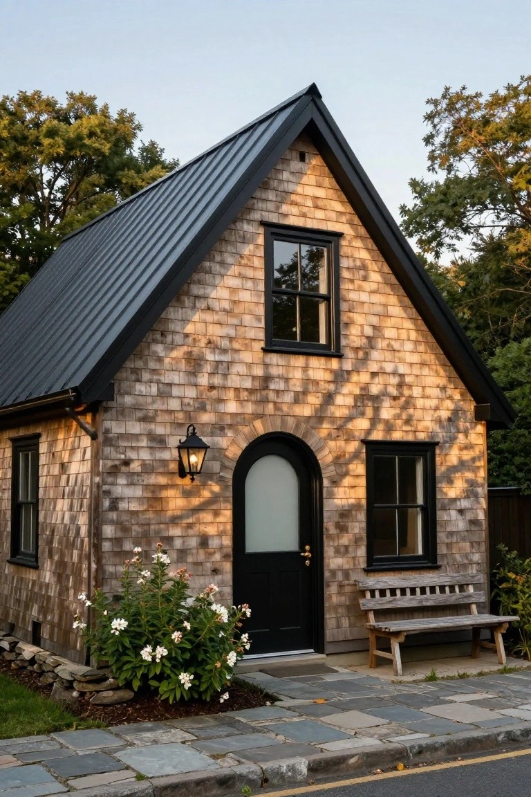 Small shingled cottage with taupe siding, black metal roof, black-framed windows, arched glass door with black frame, wall lantern, wooden bench, white-flowering shrubs, slate path, stone wall, and trees in golden hour light.