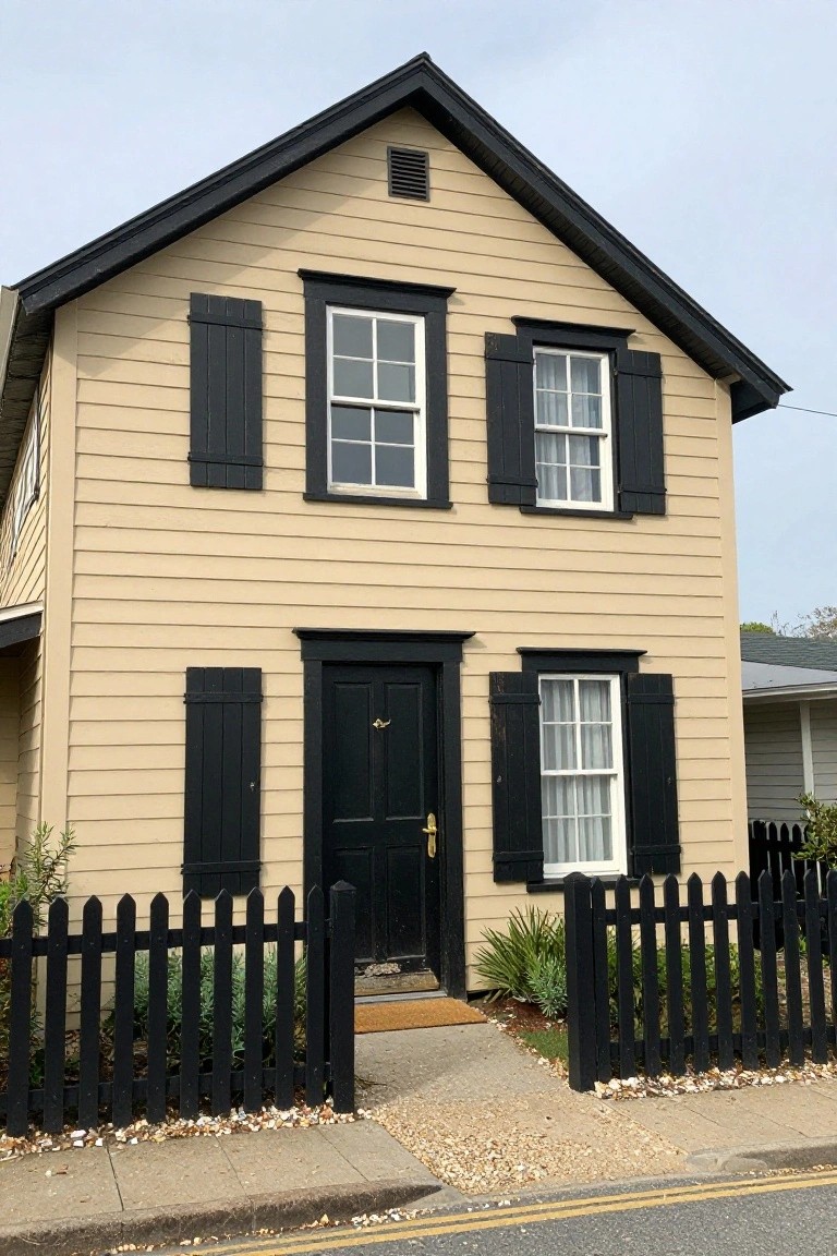 Two-story house with light taupe clapboard siding, black shutters on multi-pane windows, black front door with brass knocker, black picket fence, and gravel path in front.