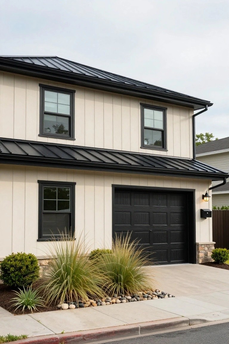 Two-story house exterior featuring light taupe board-and-batten siding, black standing seam metal roof, black-framed windows, black garage door, stone accents, and front landscaping with ornamental grasses, shrubs, and river rocks along the driveway.