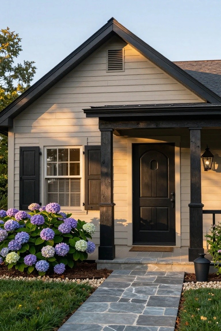 A small cottage-style house with light taupe siding, black shutters on a side window, black arched front door, black porch columns and trim, purple and white hydrangeas, stone walkway, and lantern light.