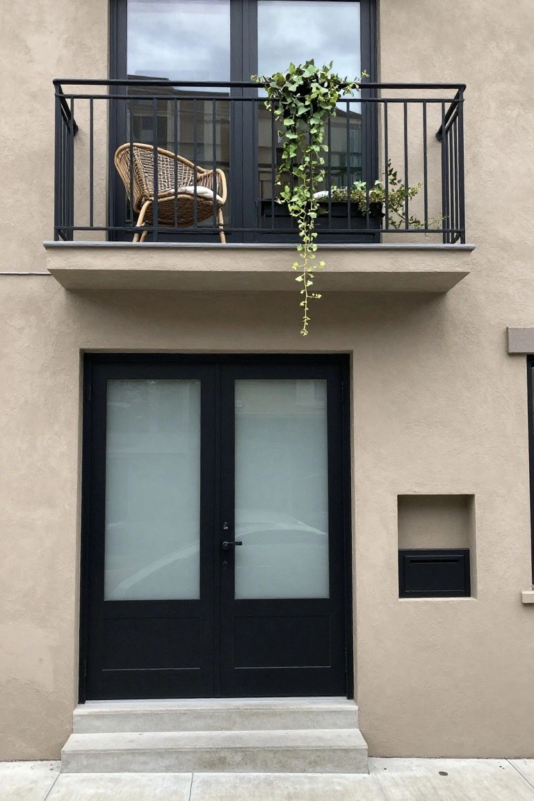 Taupe stucco house exterior with black metal balcony railing, wicker chair, ivy plants, black double doors with frosted glass panels, mailbox niche, and concrete entry steps.