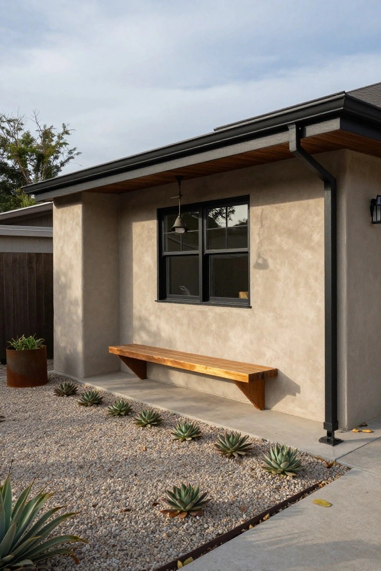 Side exterior of a house with taupe stucco walls, black-framed double window, built-in wooden bench, black gutter and trim, and gravel yard planted with agave succulents.