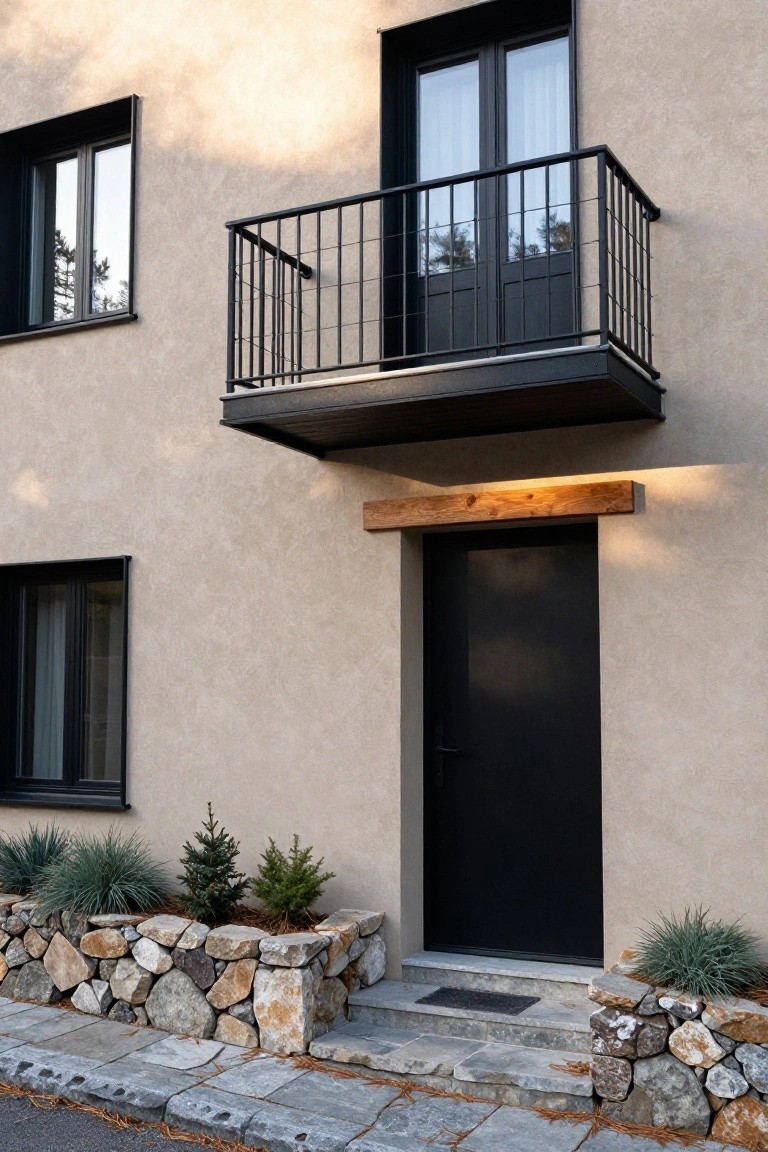 Taupe stucco house exterior with black-framed windows, black metal balcony above the entrance, black front door under a wooden lintel beam, stone retaining walls with small plants and conifers, and a stone front path.