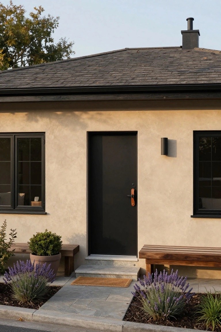 Front exterior of a taupe stucco house with black front door, black-framed windows, cylindrical black wall light, wooden benches, lavender plants, and stone steps.