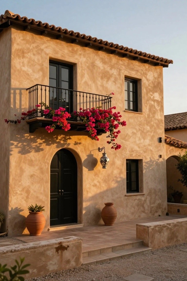 A two-story taupe stucco house exterior with terracotta tile roof, black-framed windows and double doors under an archway, a black metal balcony with pink bougainvillea, terracotta pots flanking the entry, a hanging lantern, and gravel path at sunset.