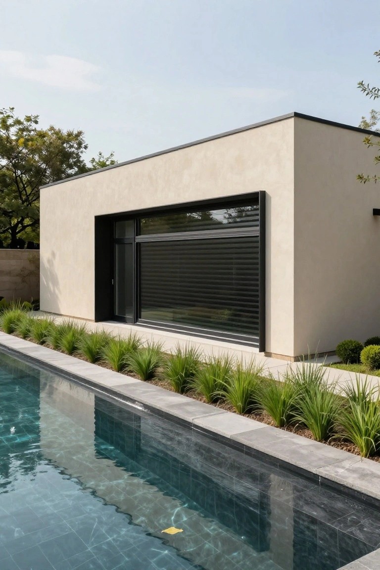 Side view of a modern rectangular house with light taupe stucco walls, large black-framed sliding glass doors with matching shutters, next to a long dark-tiled pool edged in gray stone and lined with tall grasses.