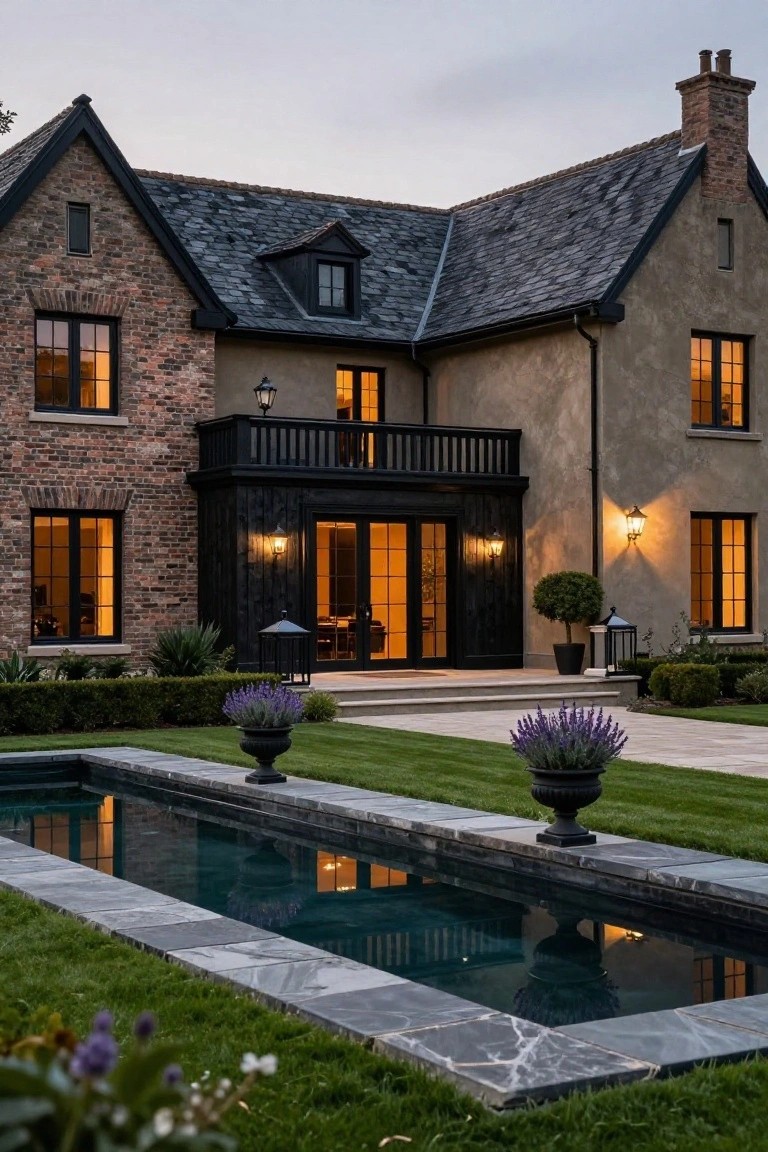 Two-story house exterior at dusk featuring taupe stucco walls, red brick on one side, black wood balcony and trim, large windows, and a rectangular reflecting pool edged in stone with lavender plants in the front yard.